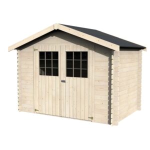 Casetta da giardino in legno con doppia porta e finestre. Ideale per riporre gli attrezzi da giardino.