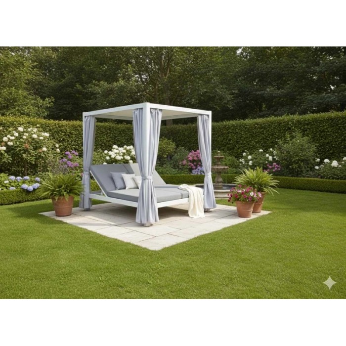 Pergola in alluminio con tende Sunlounge 205x166x200 cm bianco