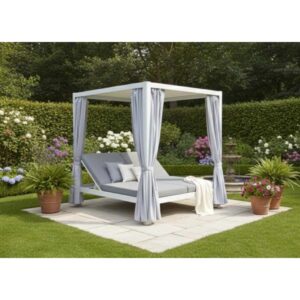 Pergola in alluminio con tende Sunlounge 205x166x200 cm bianco