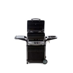 Barbecue a gas t.b.t. con ripiani e coperchio aperto.