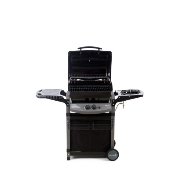 Barbecue a gas t.b.t. con ripiani e coperchio aperto.