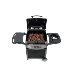 Barbecue a gas con fornello laterale e cibo sulla griglia.