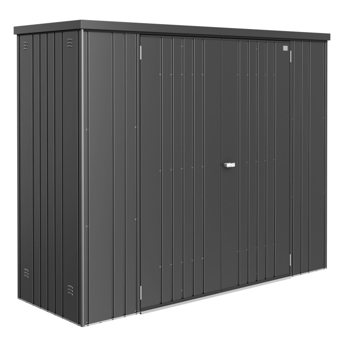 Casetta da giardino Biohort Gr. 230, grigio scuro metallizzato, con doppia porta e listelli verticali.