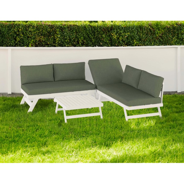 Set mobili da giardino t.b.t. con divano, lettino e tavolo, struttura bianca, cuscini verdi.
