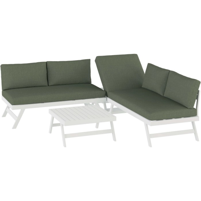 Set di mobili da giardino t.b.t. con lounge, lettino e tavolo, struttura bianca, cuscini verde oliva.