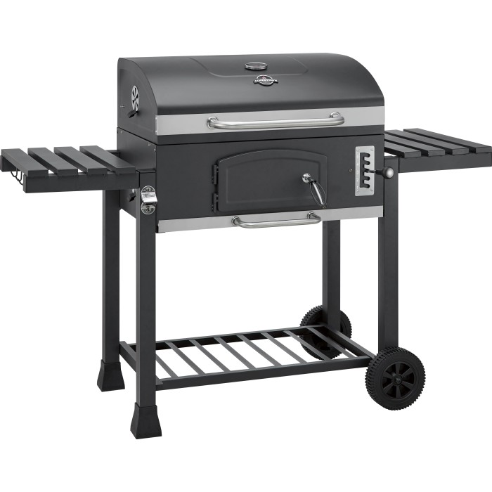 Barbecue a carbone Jamestown Jaxon XL con griglia modulare e tavolini laterali.