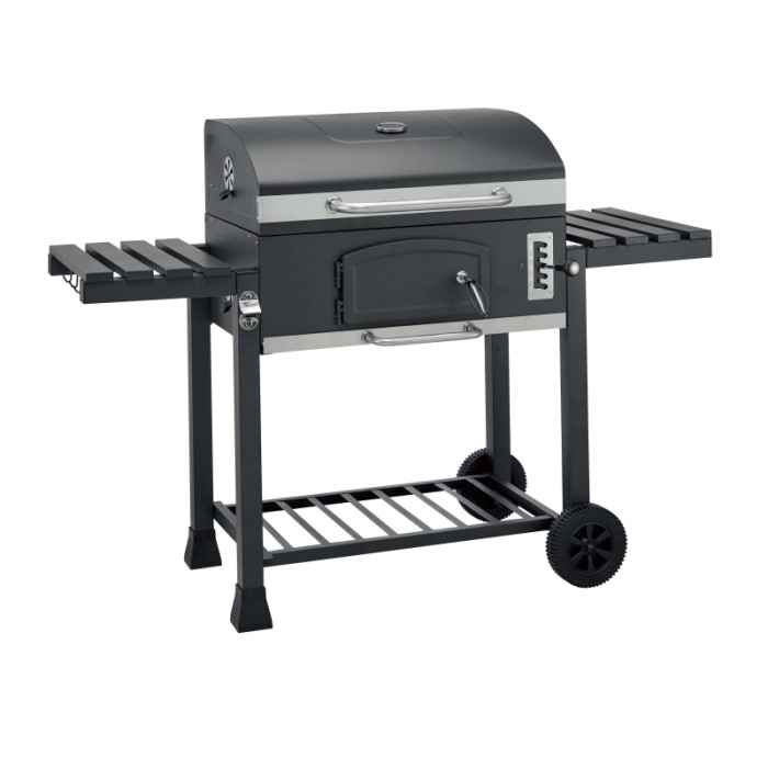 Barbecue a carbone Jamestown Jaxon XL con griglia modulare e tavoli laterali.