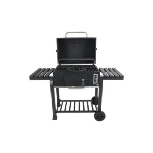 Barbecue a carbone nero Jamestown Jaxon XL con griglia modulare e tavoli laterali.