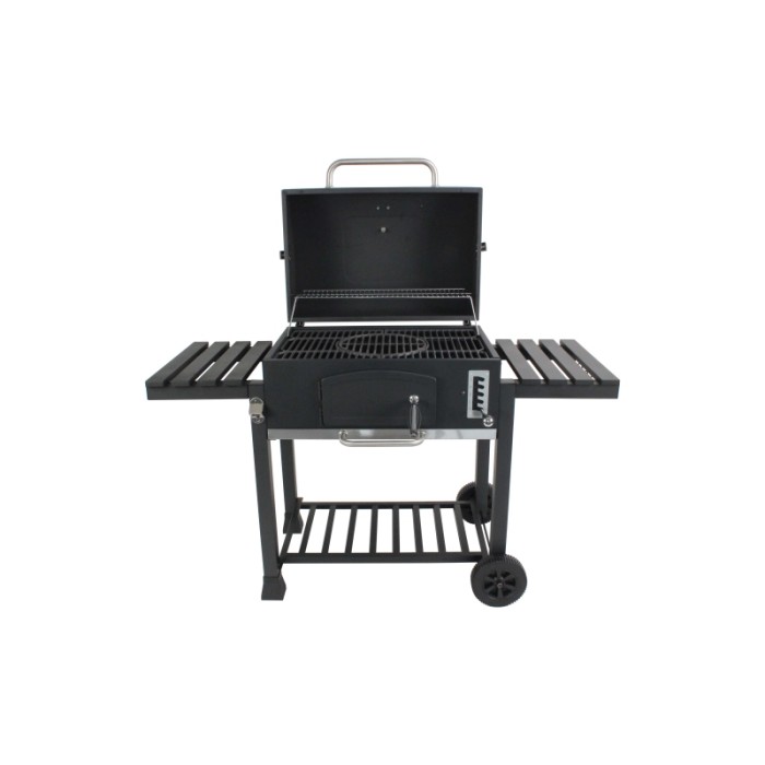 Barbecue a carbone nero Jamestown Jaxon XL con griglia modulare e tavoli laterali.