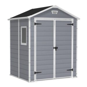 Casetta da giardino Keter Manor 65DD, grigio-bianca, con doppia porta e finestra. Ideale per riporre gli oggetti in giardino.