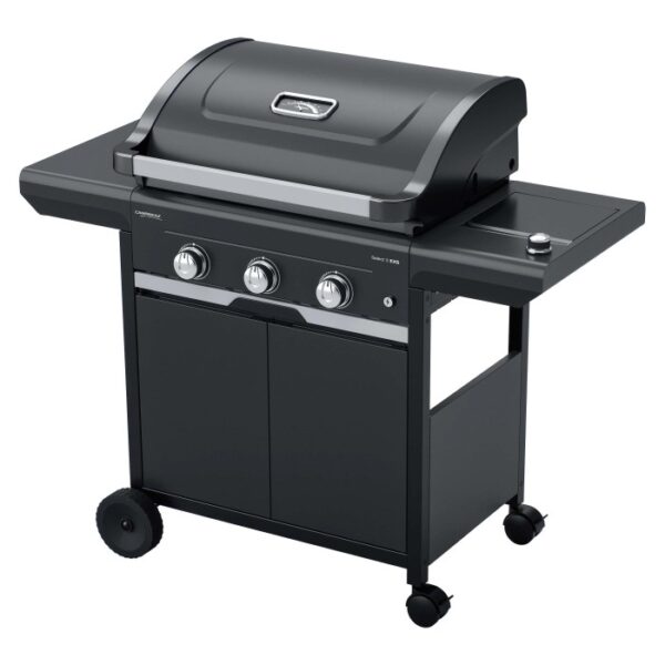 Barbecue a gas t.b.t. nero con tre bruciatori e mobiletto.