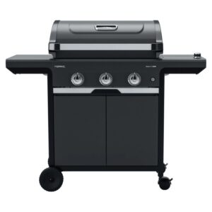 Barbecue a gas nero con tre bruciatori e ripiani laterali.