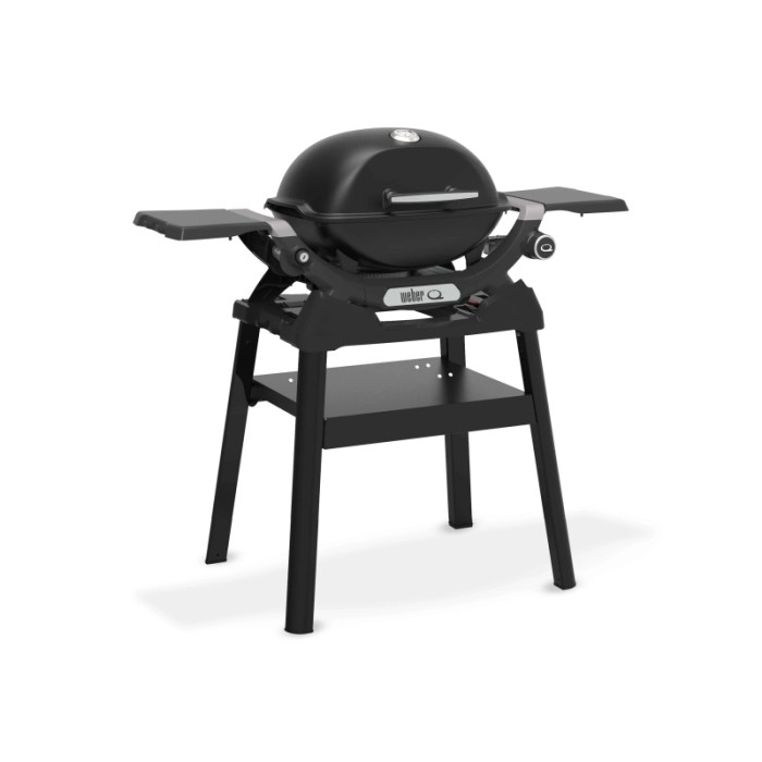 Barbecue a gas t.b.t. nero con ripiani laterali e supporto.