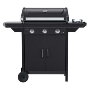 Barbecue a gas nero t.b.t. con tre bruciatori e mobiletto.