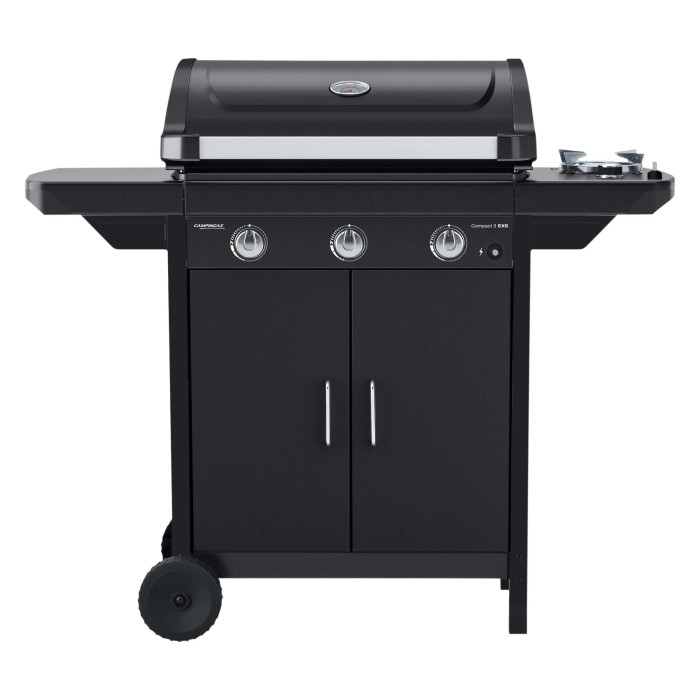Barbecue a gas nero t.b.t. con tre bruciatori e mobiletto.