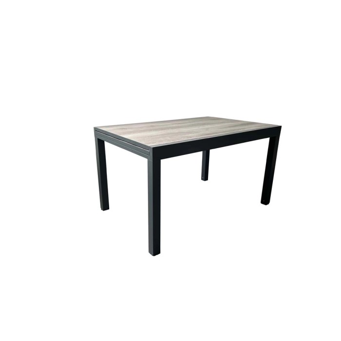 Tavolo da giardino moderno con decoro legno grigio e struttura in metallo nero.