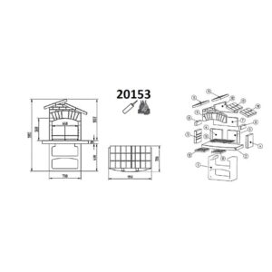 Disegno tecnico del barbecue in muratura t.b.t. con dimensioni e parti.
