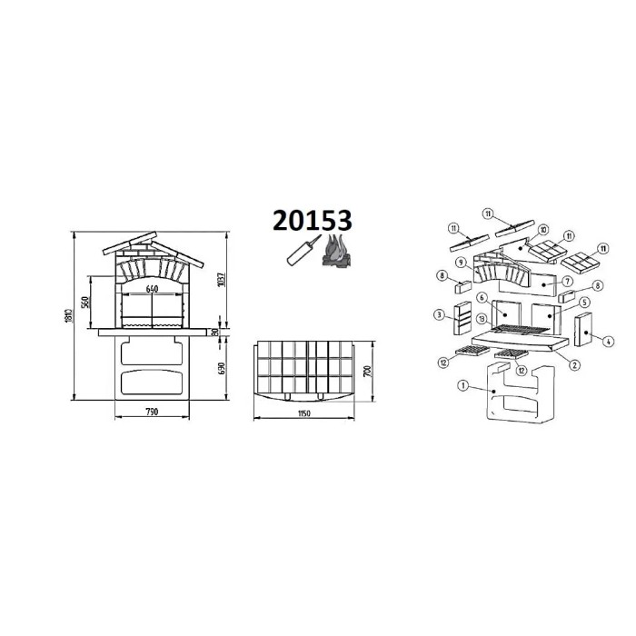 Disegno tecnico del barbecue in muratura t.b.t. con dimensioni e parti.