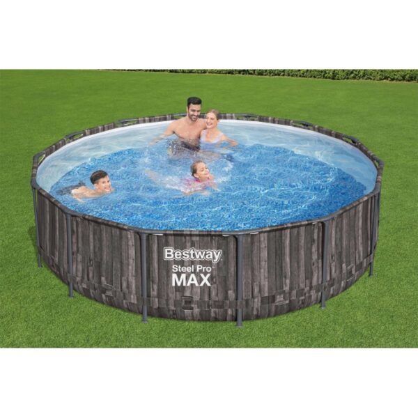Piscina rotonda Bestway Steel Pro Max effetto legno con famiglia in acqua.