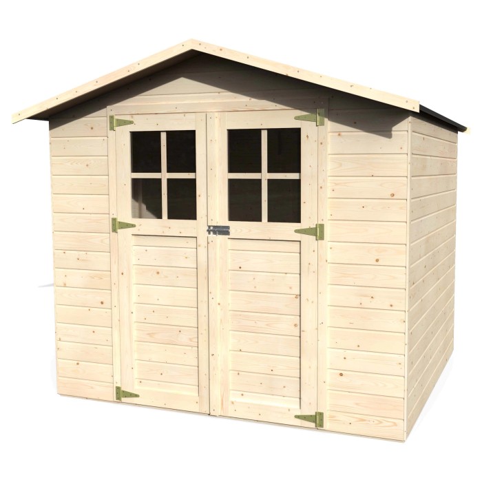 Casetta da giardino in legno con doppia porta e finestre. Ideale per riporre gli attrezzi da giardino.