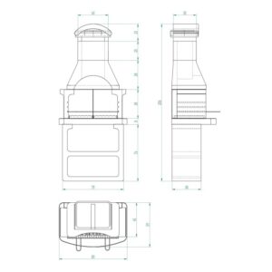 Disegno tecnico di un barbecue in muratura con dimensioni.