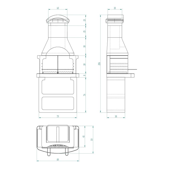 Disegno tecnico di un barbecue in muratura con dimensioni.