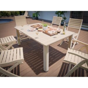 Tavolo da giardino rettangolare Canston in legno di acacia (180x100cm) con cibo e bevande.