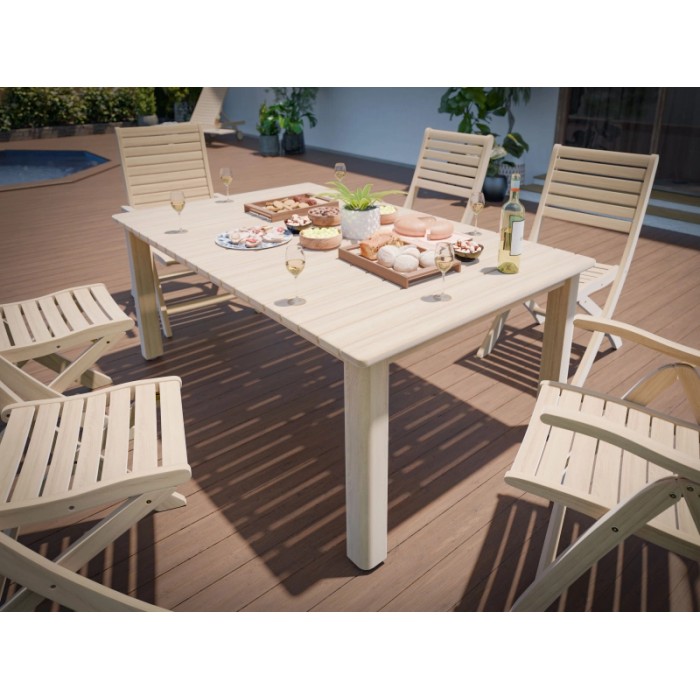 Tavolo da giardino rettangolare Canston in legno di acacia (180x100cm) con cibo e bevande.