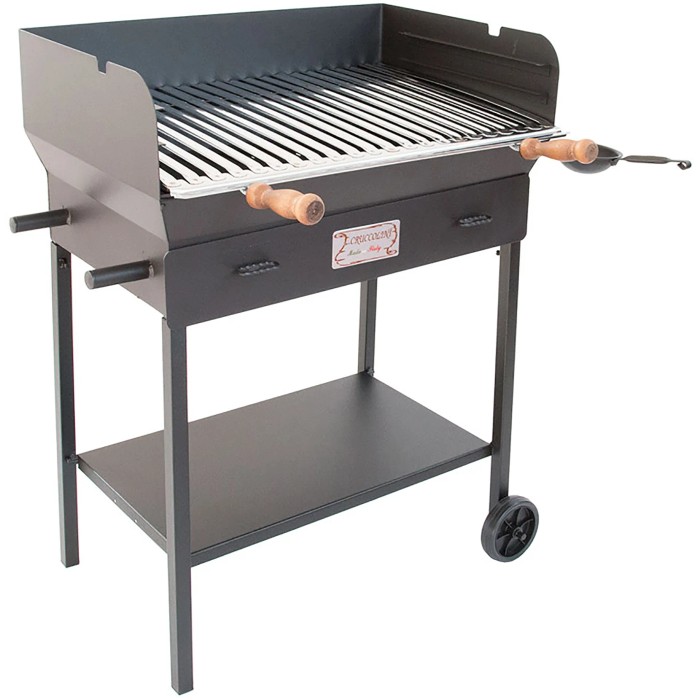 Barbecue a carbone nero con ripiano e ruote.