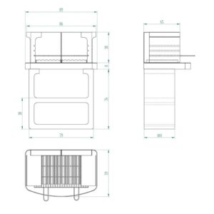 Disegno tecnico del barbecue in muratura t.b.t. con dimensioni.