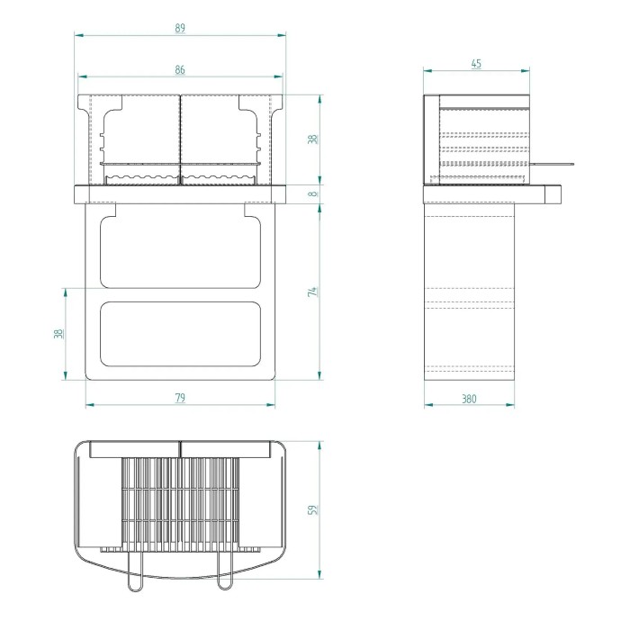 Disegno tecnico del barbecue in muratura t.b.t. con dimensioni.