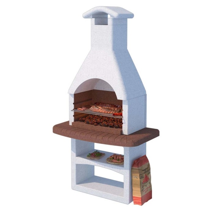 Barbecue in muratura con cibo e accessori. Ideale per barbecue in giardino.