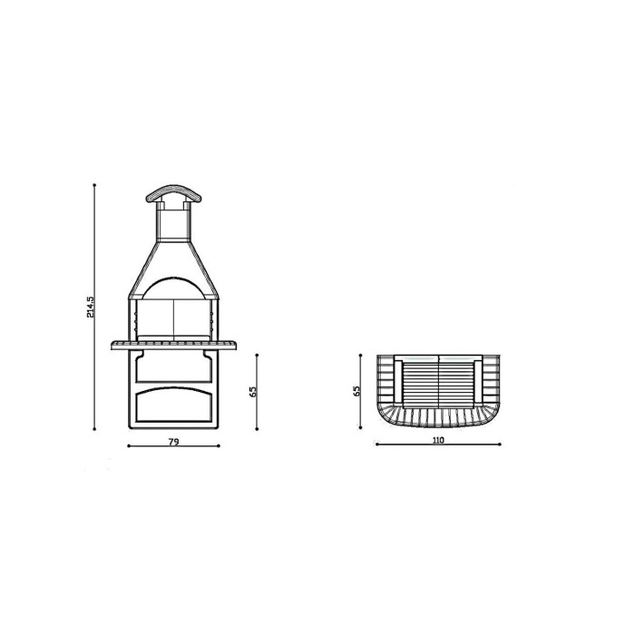 Disegno tecnico del barbecue in muratura t.b.t. con dimensioni.
