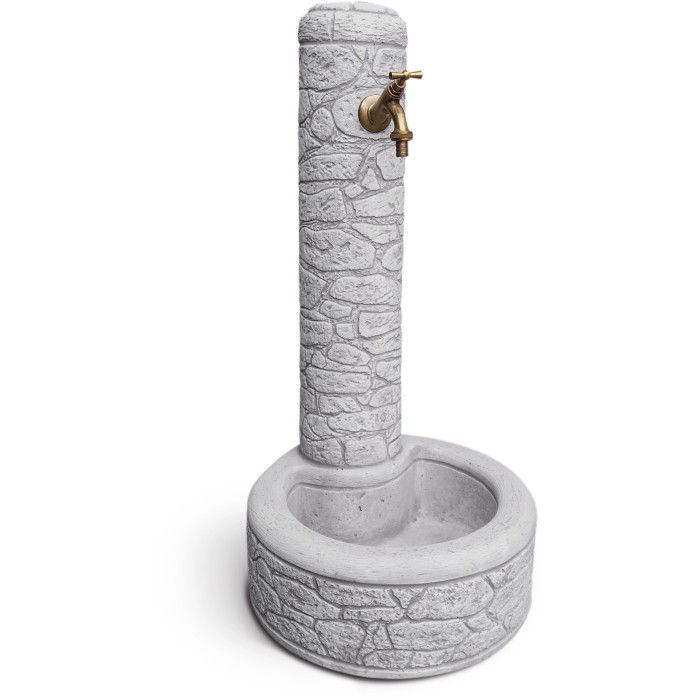 Colonna fontana da giardino grigia effetto pietra con rubinetto in ottone.