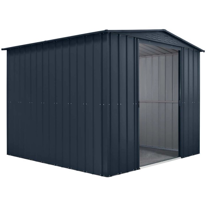 Casetta da giardino in metallo antracite con porta aperta. Ideale per riporre gli attrezzi da giardino.