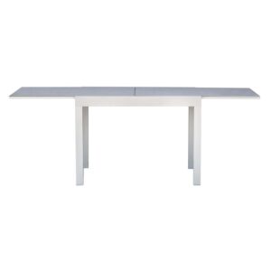 Tavolo da giardino allungabile con piano grigio e struttura bianca.
