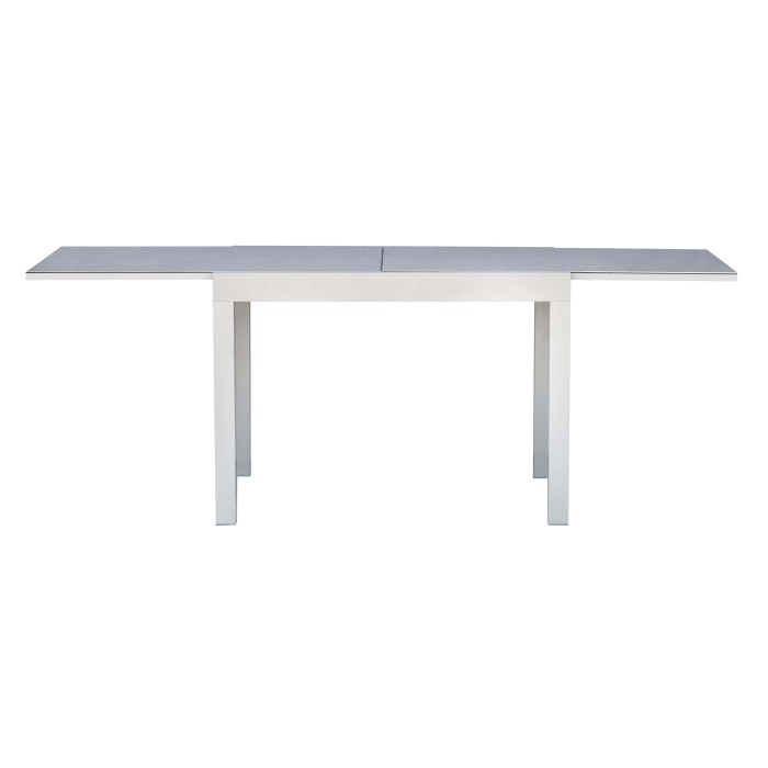 Tavolo da giardino allungabile con piano grigio e struttura bianca.