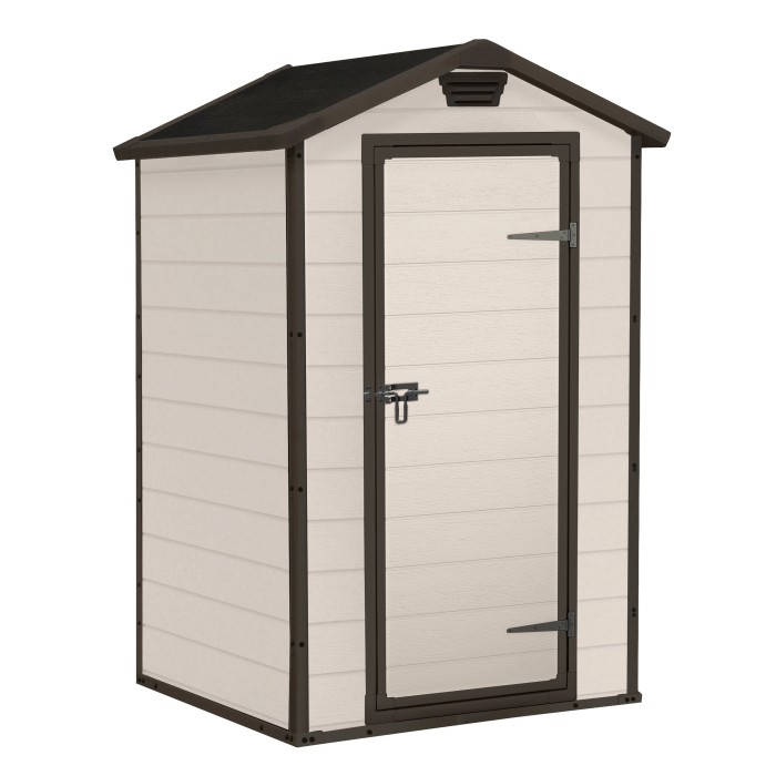 Piccolo box da giardino in plastica beige con tetto e porta marroni. Ideale per riporre gli oggetti in giardino.