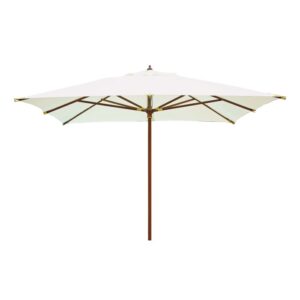 Ombrellone t.b.t. con struttura in legno e telo bianco.