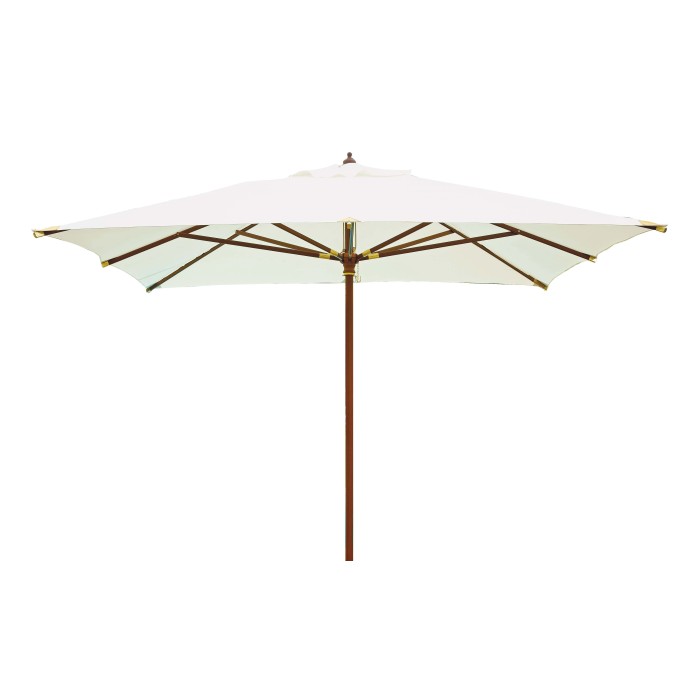 Ombrellone t.b.t. con struttura in legno e telo bianco.