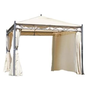 Gazebo beige con tende per giardino e patio.