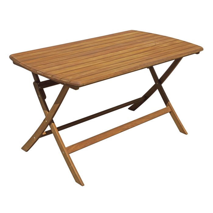 Tavolo da giardino rettangolare color legno con funzione pieghevole.