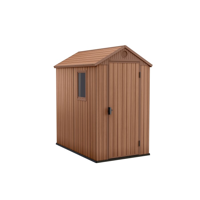 Piccola casetta da giardino in plastica marrone con finestra e porta.