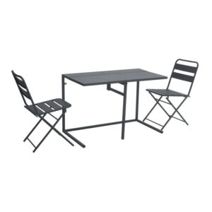 Set mobili da balcone grigio: tavolo e due sedie pieghevoli per il balcone.