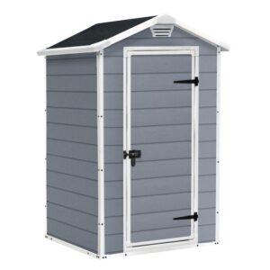 Casetta da giardino Keter Manor 4x3 grigio-bianca: casetta in plastica con porta e ventilazione.