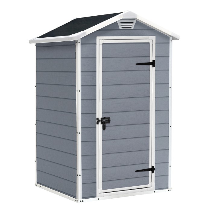 Casetta da giardino Keter Manor 4x3 grigio-bianca: casetta in plastica con porta e ventilazione.