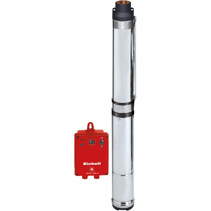 Pompa per pozzi profondi Einhell GC-DW 1300 N in acciaio inox con scatola di derivazione rossa per pozzi e cisterne.