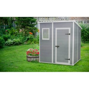 Casetta da giardino in plastica Keter antracite, 3,06 m², con finestra e porta in giardino.