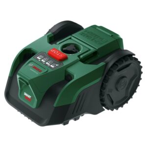 Robot rasaerba Bosch VISIMOW18V-100 con batteria e caricabatterie, verde e nero.