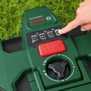 Dettaglio: Robot tagliaerba Bosch VISIMOW18V-100 con comandi e regolazione altezza di taglio.